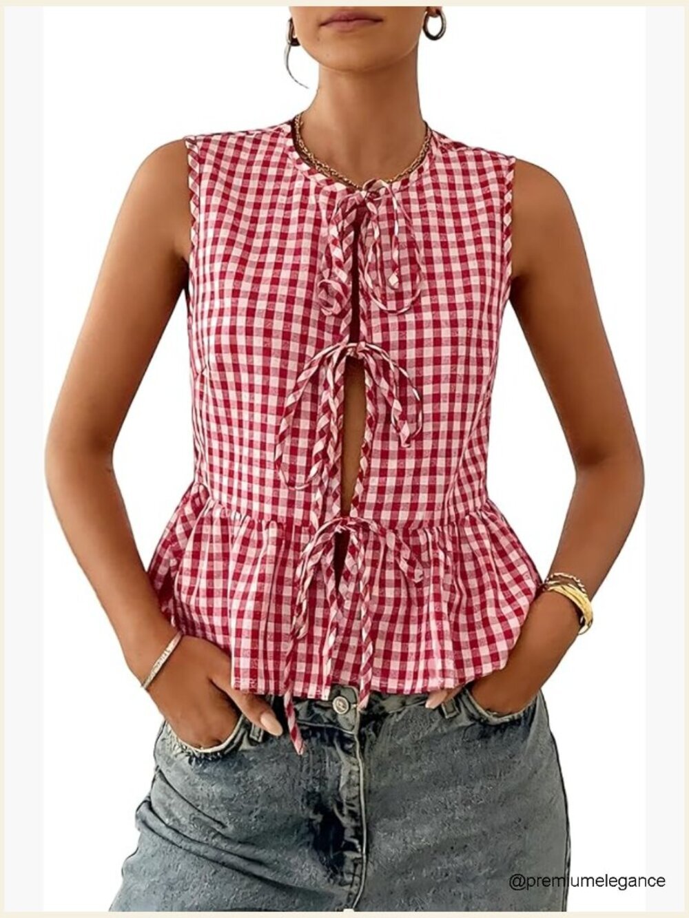 Gingham Babydoll Peplum Crop Tank Top Ruffle Sleeveless Tie Front Summer Cute